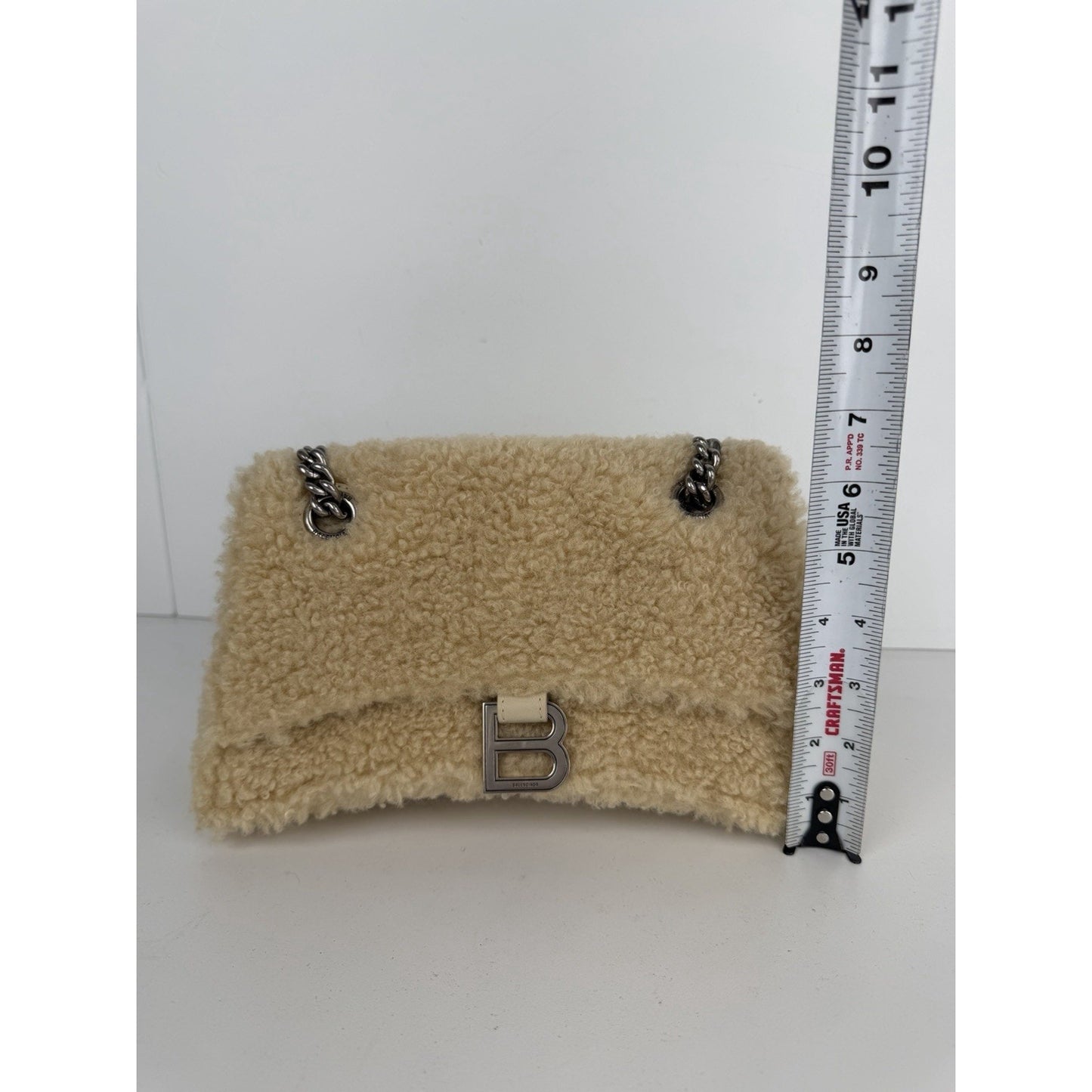 Balenciaga Hourglass Chain Shoulder Bag Small in Beige Curly Faux Shearling C-9