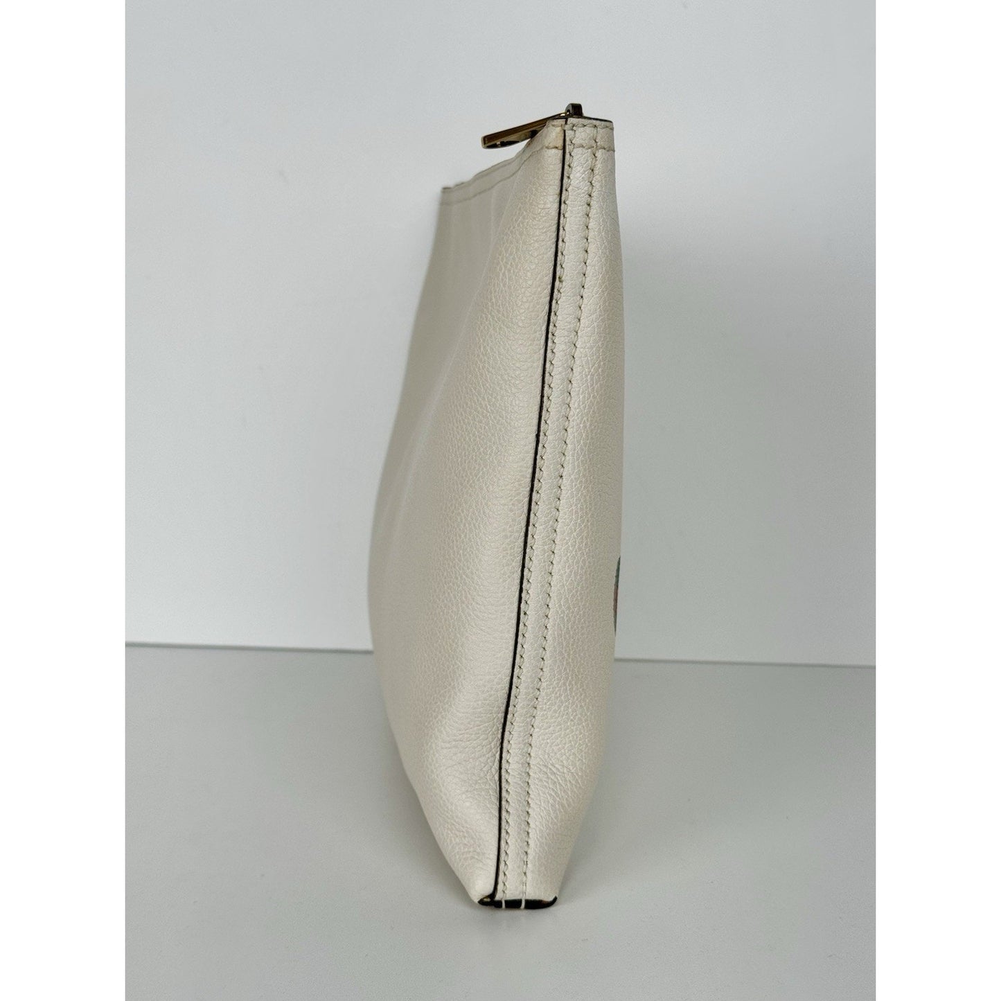 Gucci White Leather Logo Print Zip Pouch with Gold Hardware D-1
