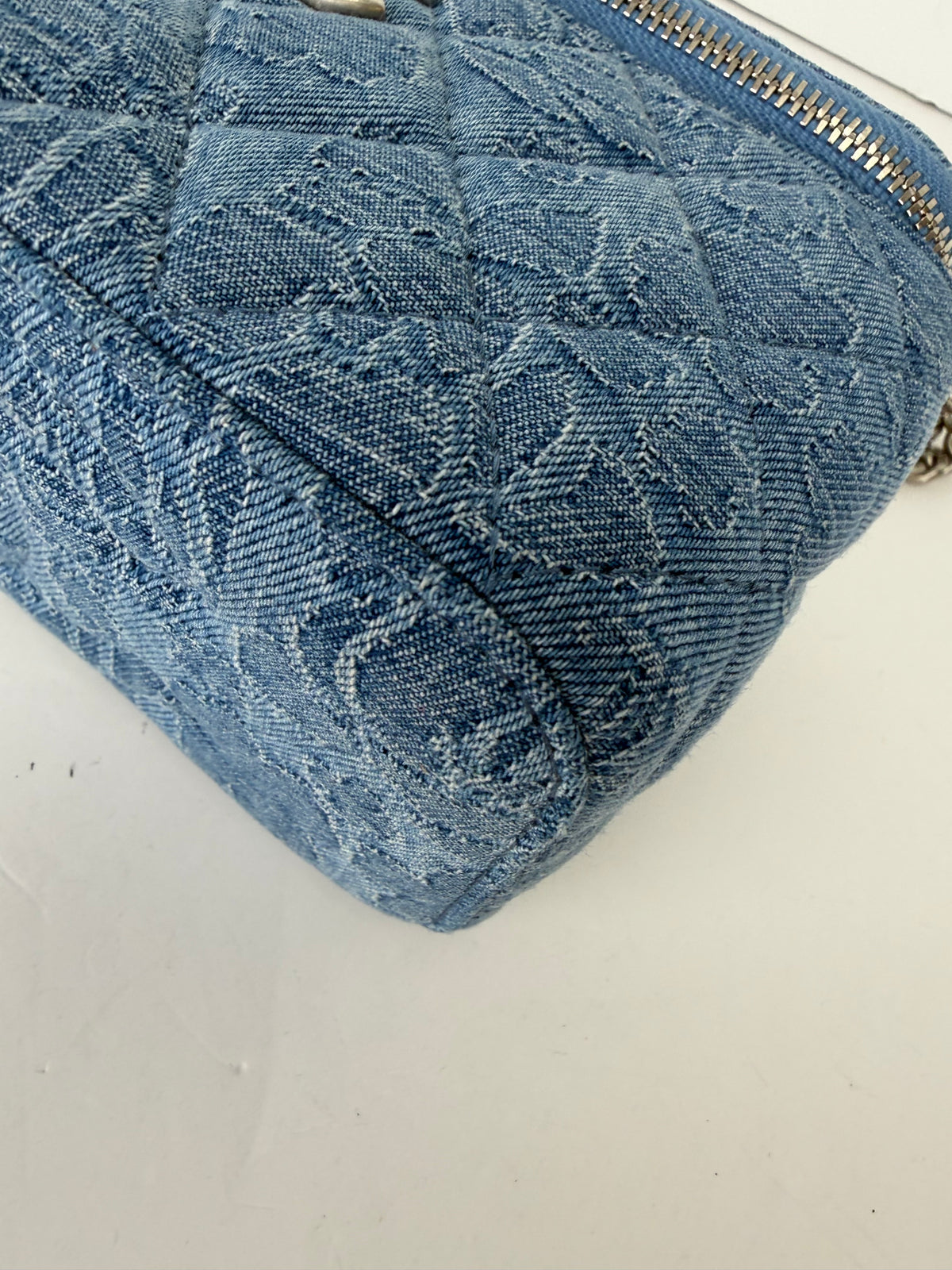 Chanel Denim Quilted Camellia Sweetheart Small Vanity Case in Blue Denim NFC YC3