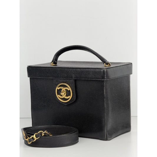 Chanel Vintage Vanity Case Cosmetic Bag Black Caviar Leather (1991-1994)