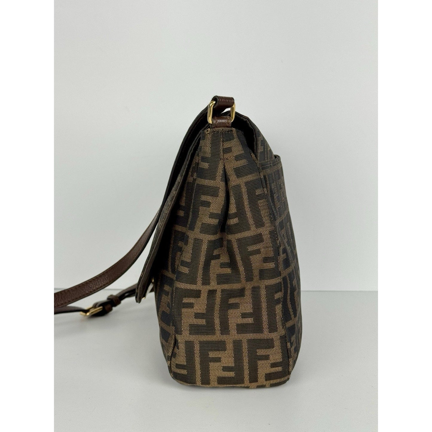 Fendi Tobacco Zucca Canvas Flap Crossbody Bag with Gold Hardware D-1