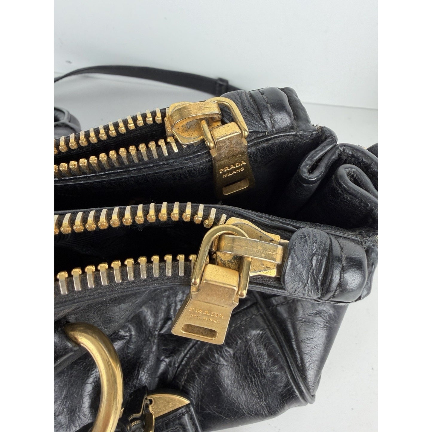 Prada Shopping Satchel Bag Medium Black Vitello Crinkled Leather Gold Hardware S