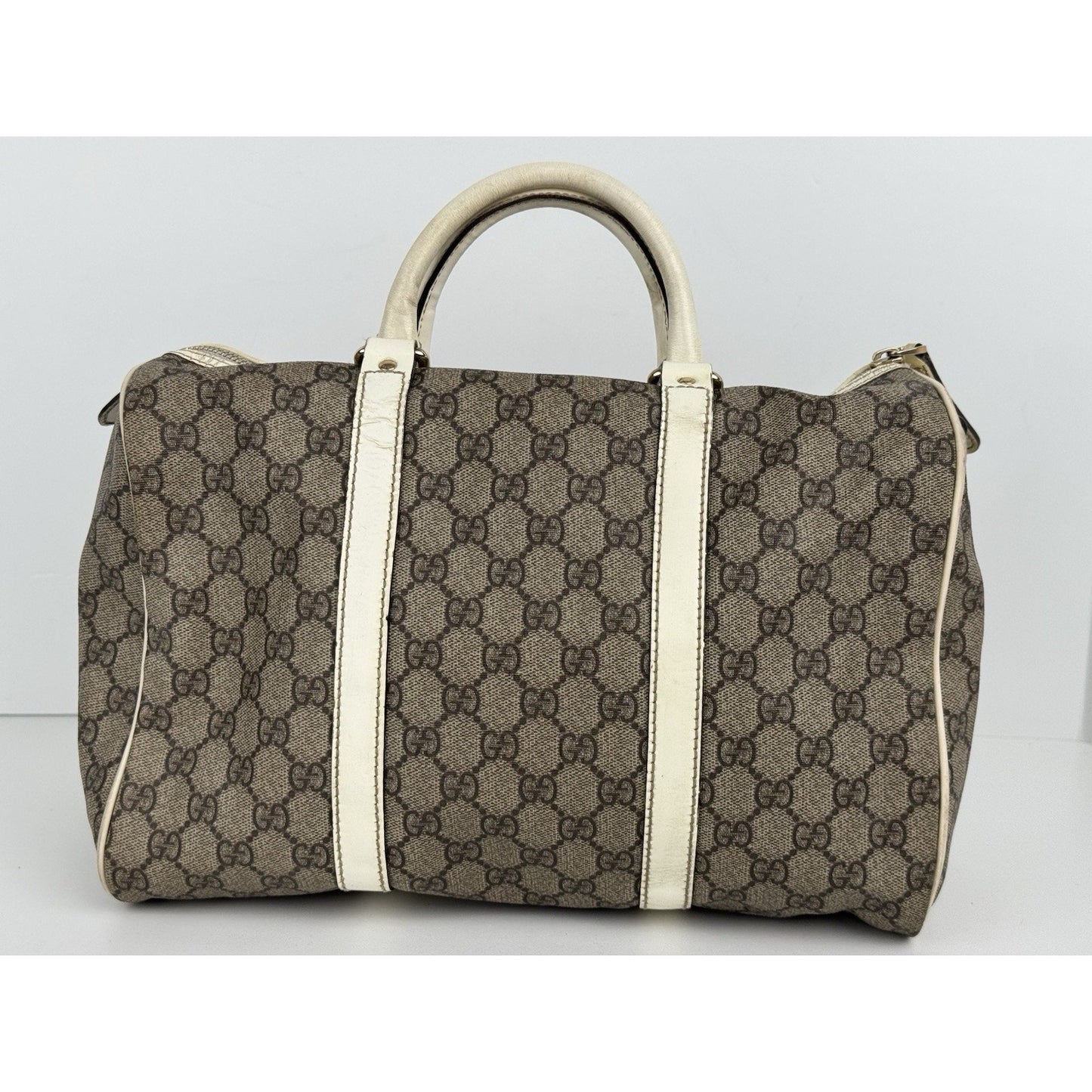 Gucci GG Supreme Medium Joy Boston Bag Brown Canvas White Leather Trim