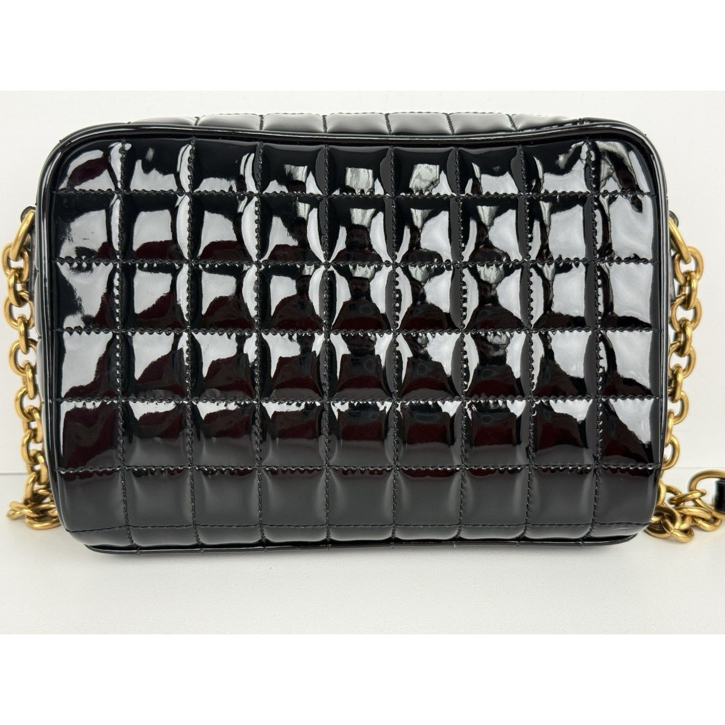 Saint Laurent Patent Calfskin Carré Quilted Cassandre Mini Camera Bag Black