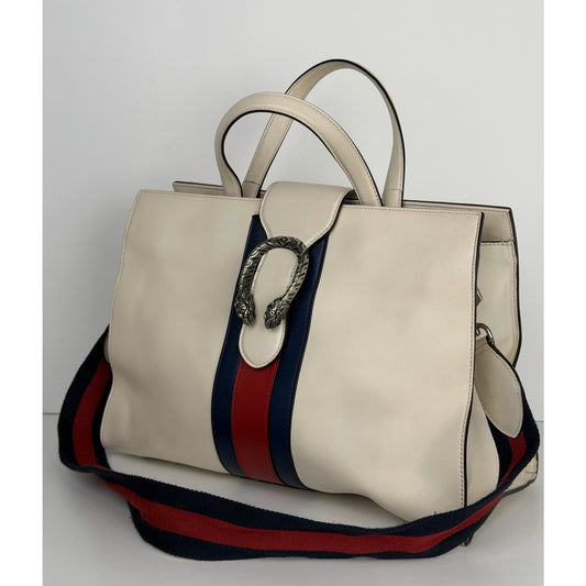 Gucci Dionysus Top Handle Bag Medium Web-Stripe in White Calfskin Leather S12