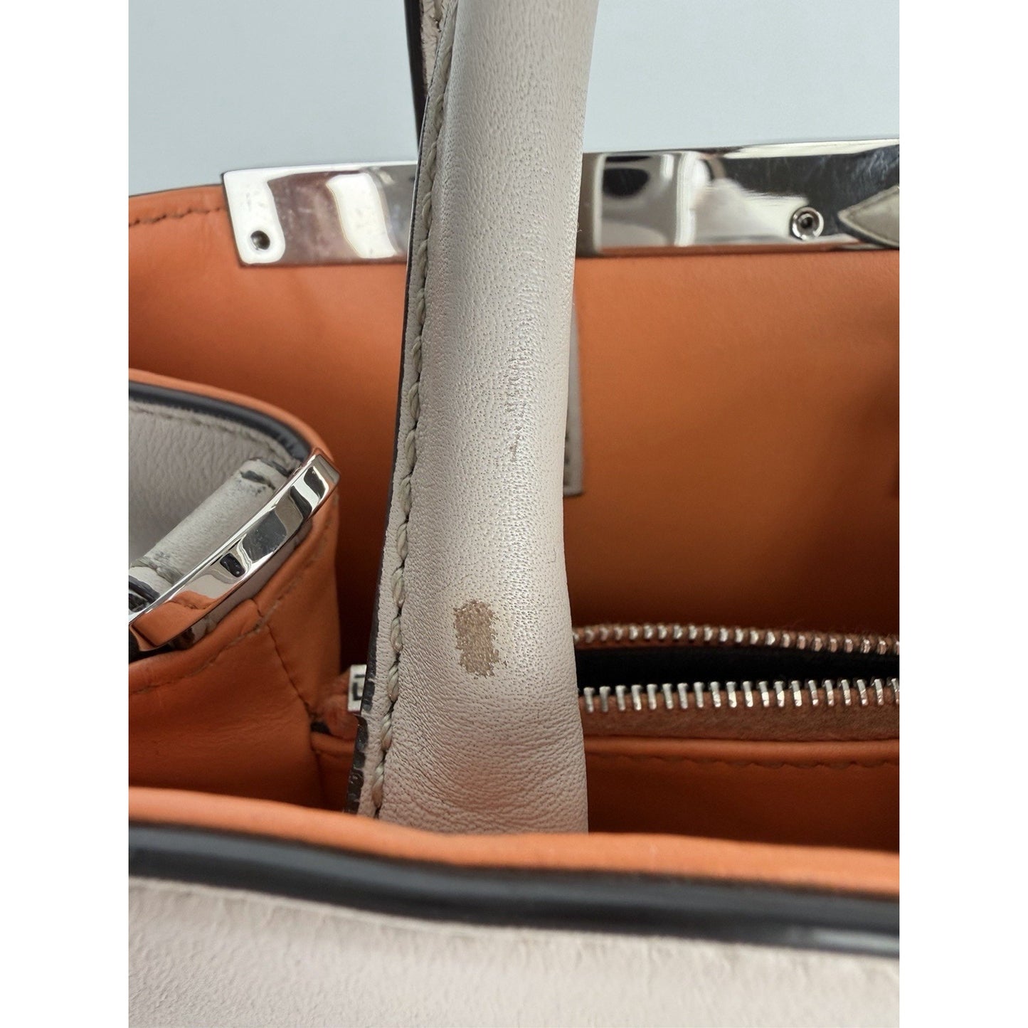 Fendi Petite 2Jours Tote Bag Neutral Gray Leather & Orange Leather Lining S