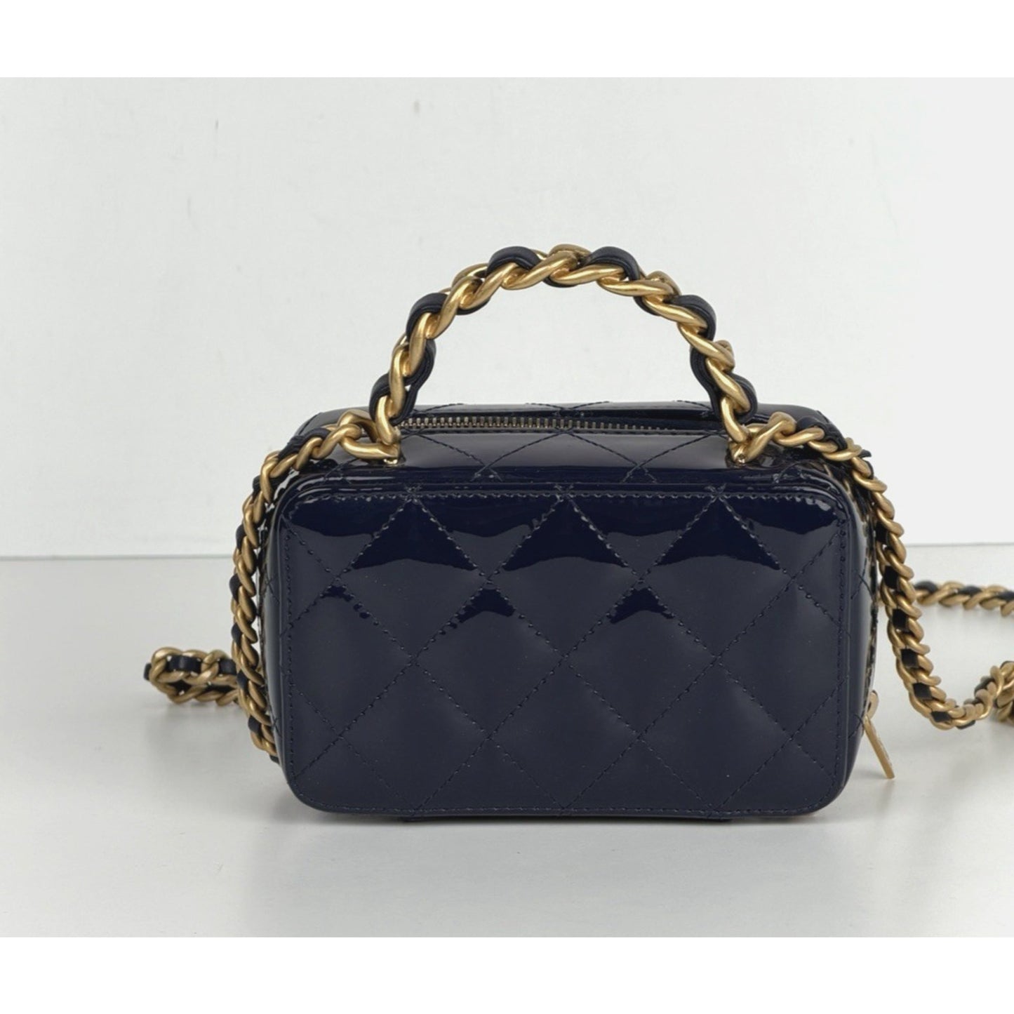 Chanel Woven Chain Top Handle Vanity Case Mini in Quilted Patent Leather NFC U3