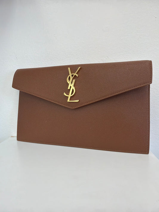 Saint Laurent Uptown Pouch Grain De Poudre Embossed Leather Brown