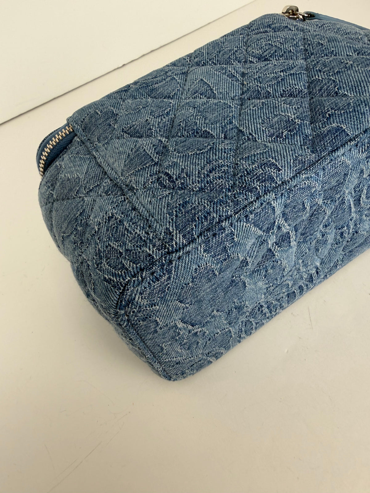 Chanel Denim Quilted Camellia Sweetheart Small Vanity Case in Blue Denim NFC YC3