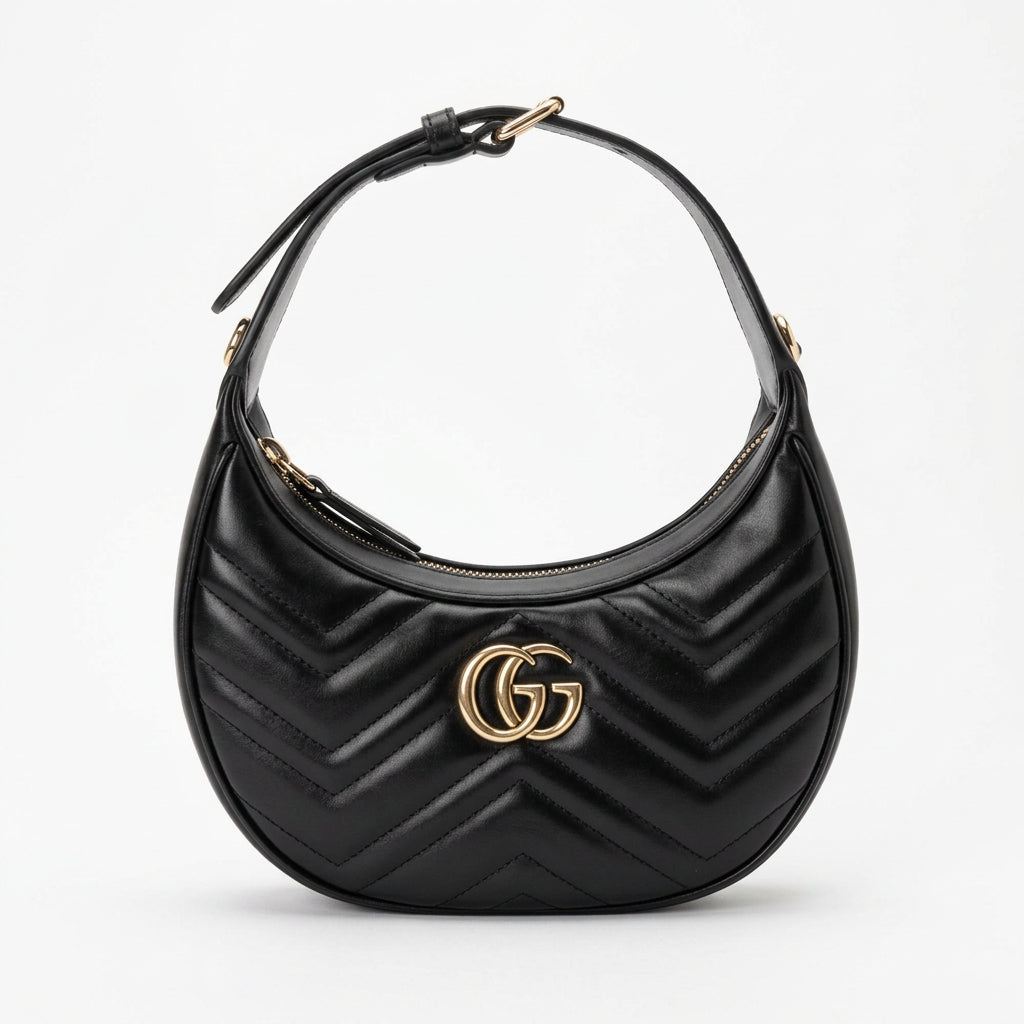 Gucci GG Marmont Half-Moon Mini Bag in Black Matelasse leather YS08
