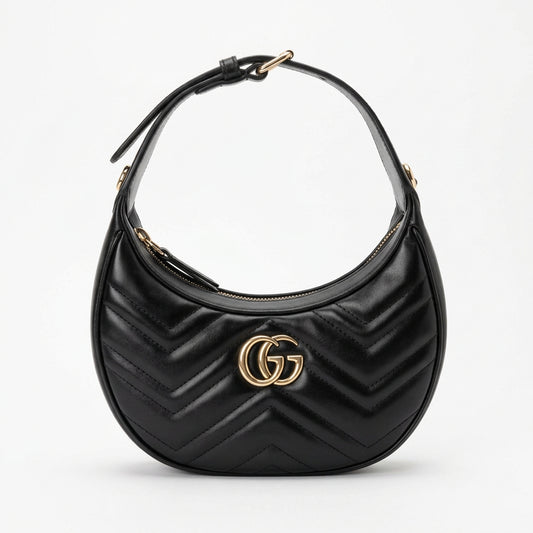 Gucci GG Marmont Half-Moon Mini Bag in Black Matelasse leather YS08