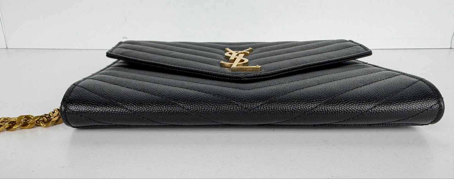 Saint Laurent Cassandre Envelope Wrist Bag in Black Quilted Grain De Poudre Leather YS-04