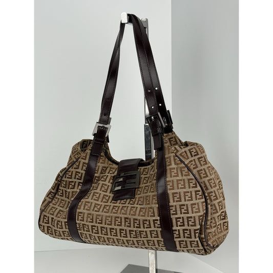 Fendi Zucchino Canvas Monogram Bag with Leather Trim and Silver Hardware