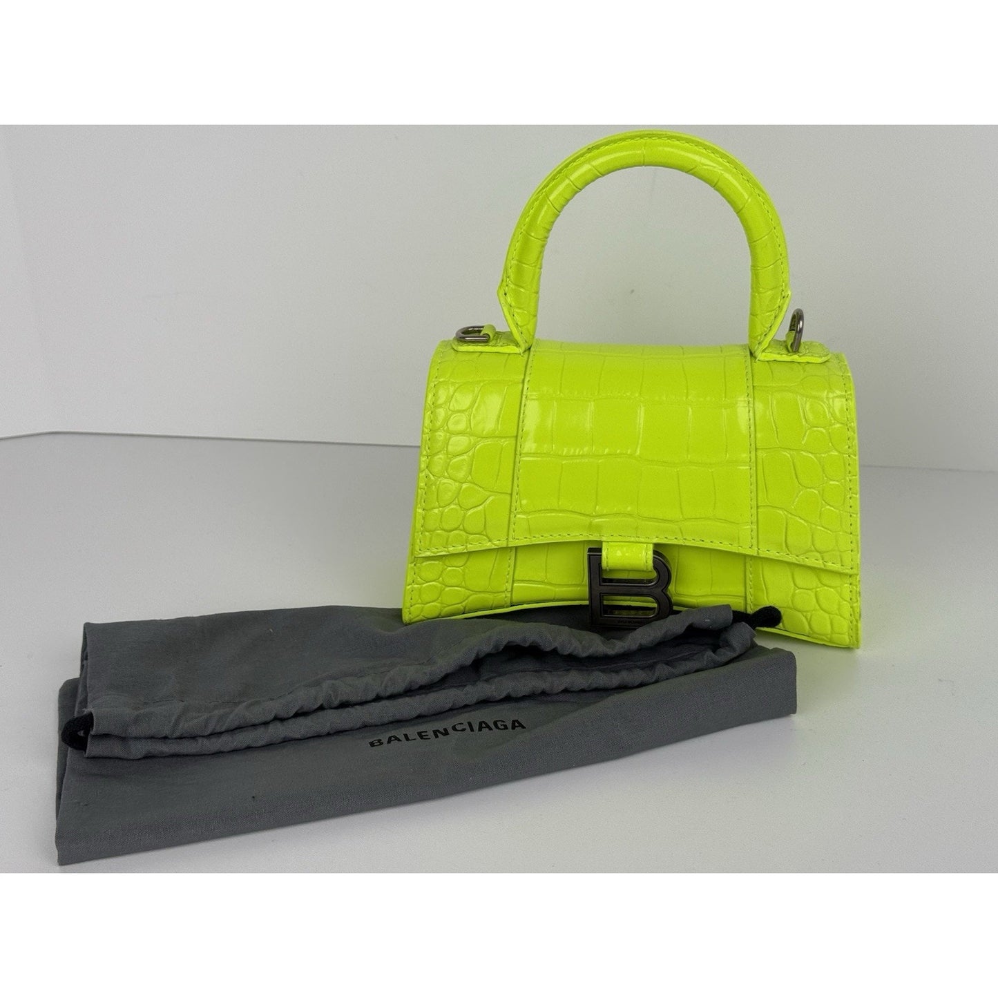 BALENCIAGA Crocodile Embossed Neon Green Leather Hourglass Top Handle Bag