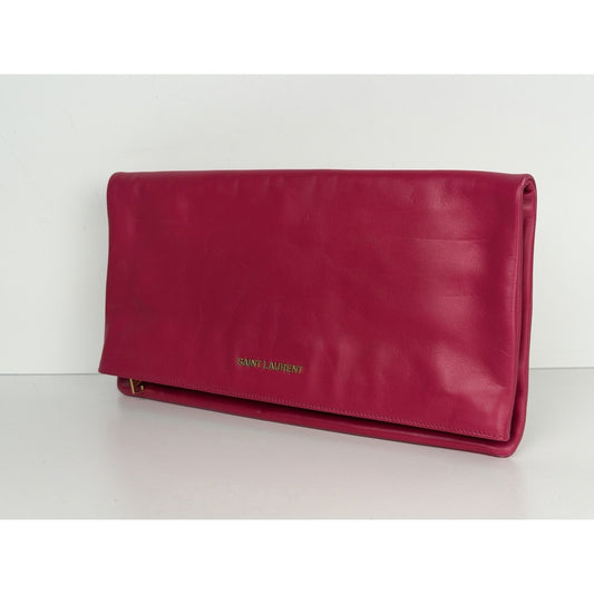 Saint Laurent Pouch Folding Flap Clutch Bag in Fuchsia Leather S13