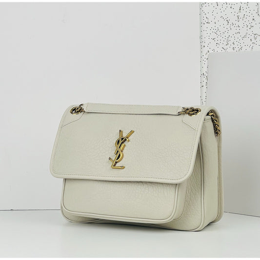 Saint Laurent Niki Medium Leather Shoulder Bag in Crema Soft R1
