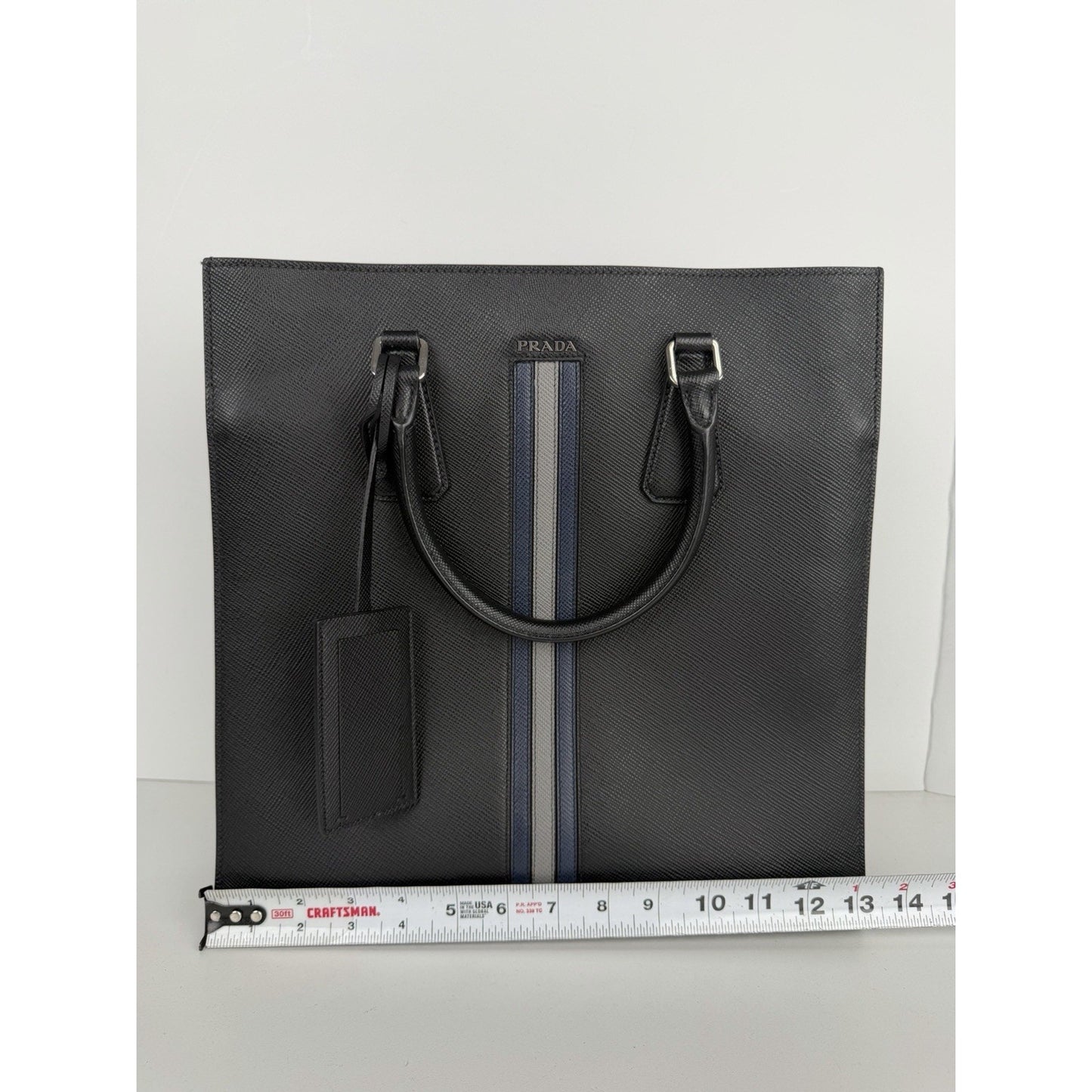 Prada Web Stripe Vertical Tote Bag Large in Black Saffiano Leather S-12