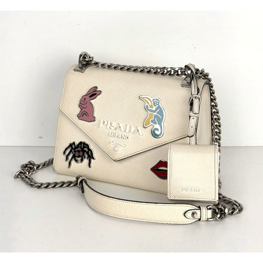 Prada Monochrome Patch Envelope Shoulder Bag Small in White Saffiano Leather S18