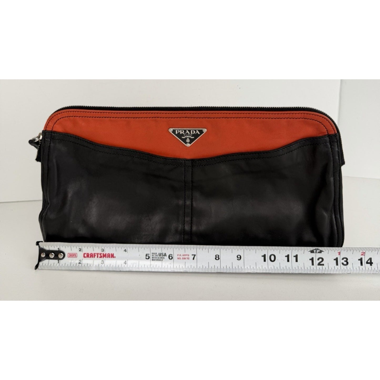 Prada Bicolor Leather Clutch Bag in Black and Orange Unisex S11