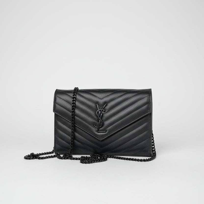 Saint Laurent Monogram Chain Wallet Medium in Black Matelasse Grained LeatherS12