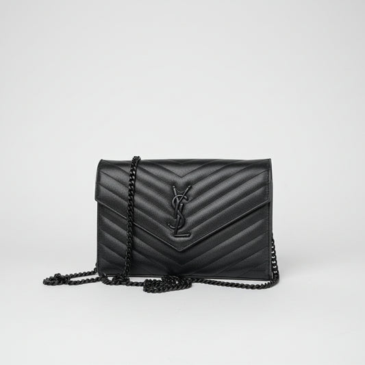 Saint Laurent Monogram Chain Wallet Medium in Black Matelasse Grained LeatherS12