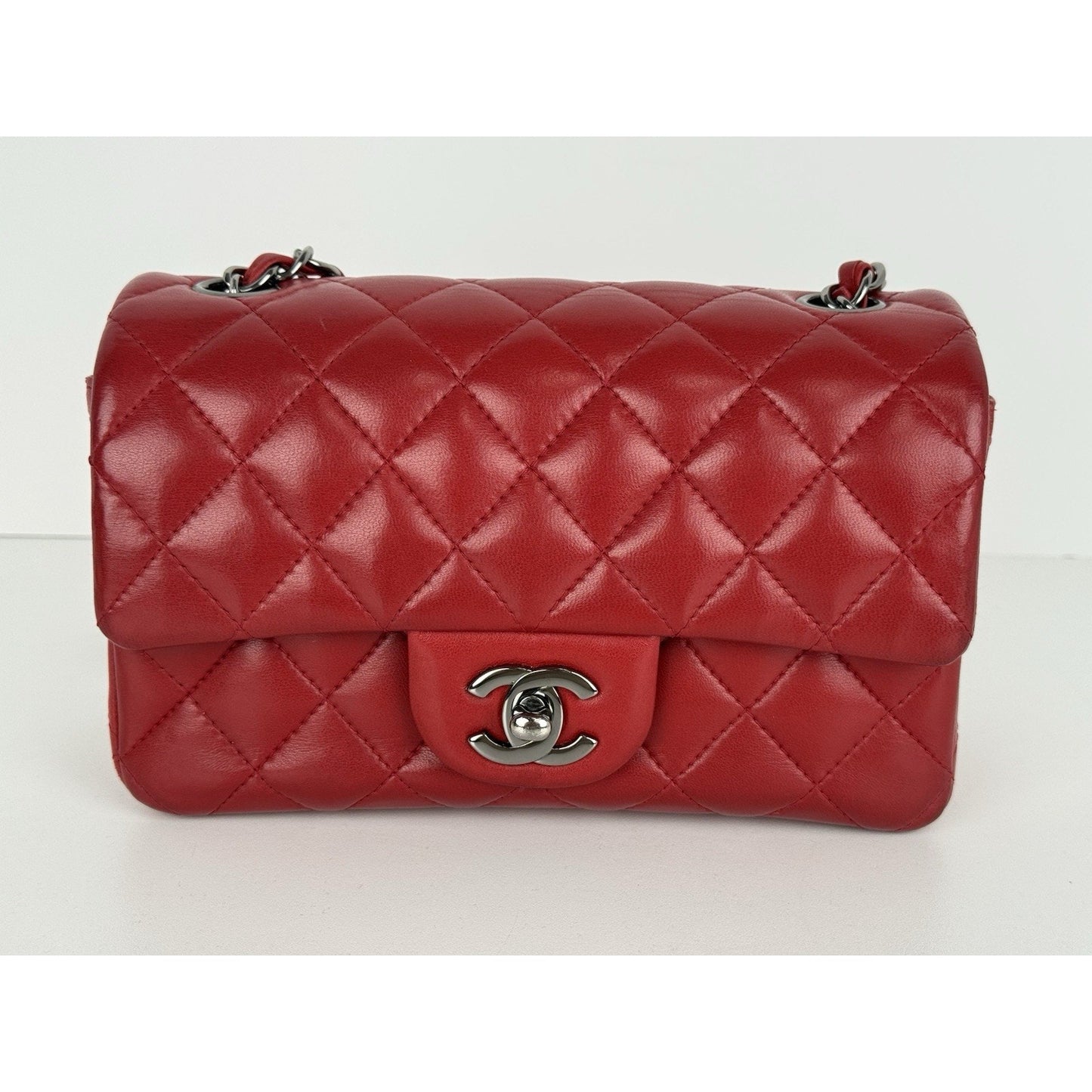 CHANEL CC Mini Classic 20 Chain Shoulder Bag Quilted Lambskin Red Leather