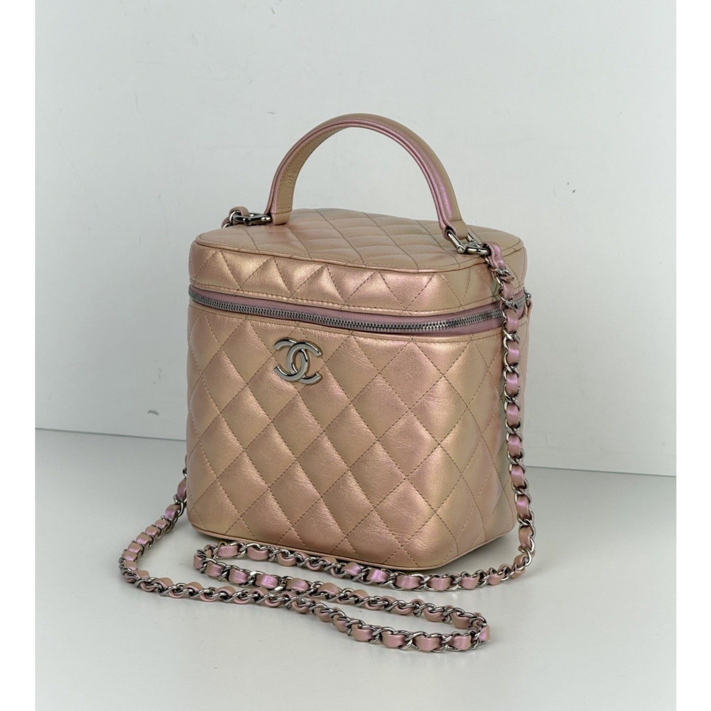 Chanel Small Top Handle Vanity Case Bag Iridescent Pink Quilted Leather NFC B