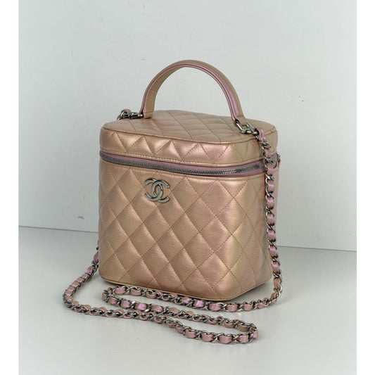 Chanel Small Top Handle Vanity Case Bag Iridescent Pink Quilted Leather NFC B