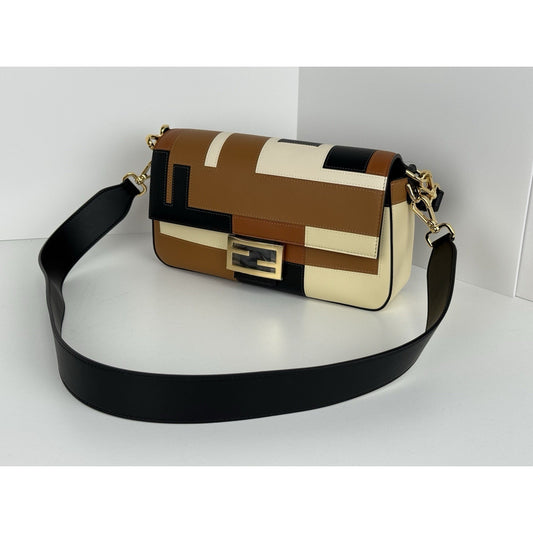 Fendi Baguette Black Brown Beige Leather Flap