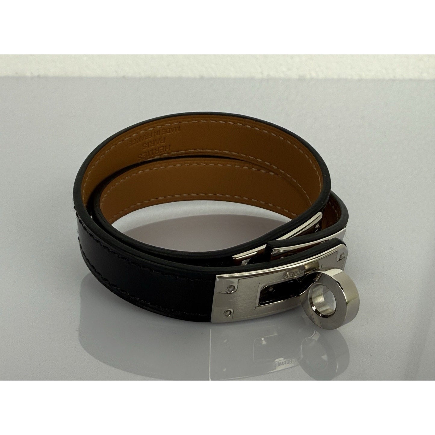 HERMES Kelly Double Tour Black Swift Silver Hardware Leather Bracelet Size 6 in