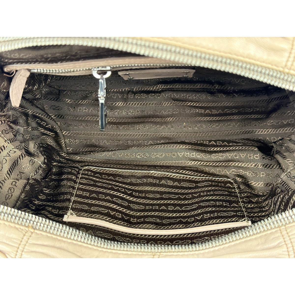 Prada Nappa Gaufre Satchel Shoulder Bag in Beige Leather Silver-Tone Hardware S7