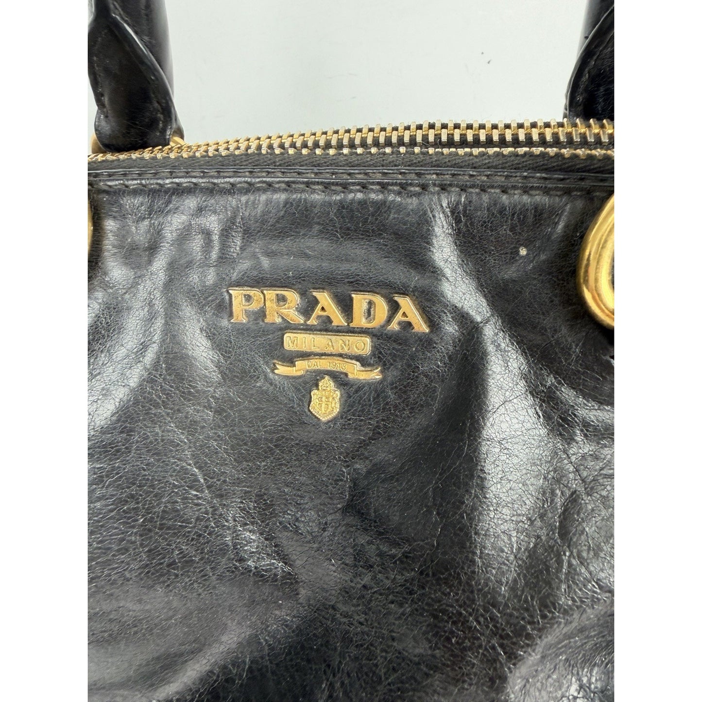 Prada Shopping Satchel Bag Medium Black Vitello Crinkled Leather Gold Hardware S