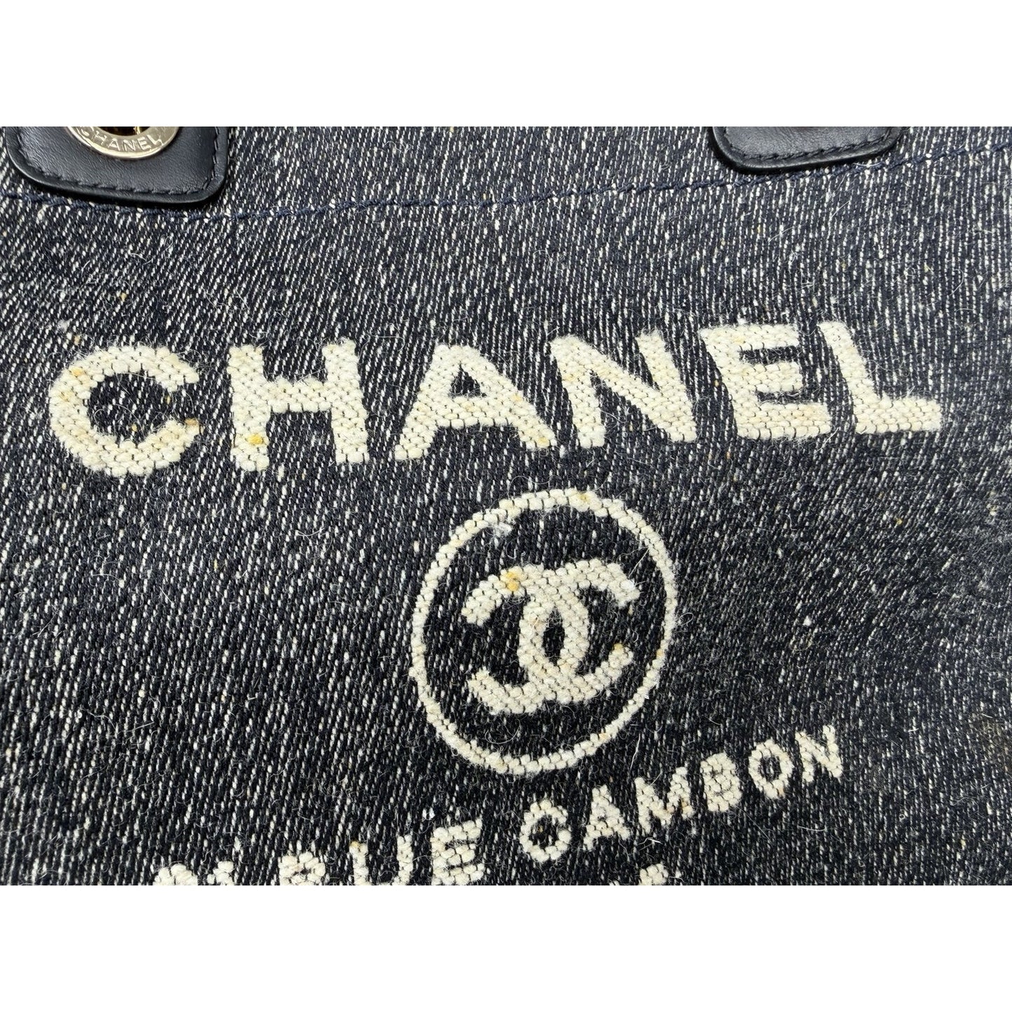 Chanel Denim Deauville Tote Small in Blue and White Toile Canvas NFC E4