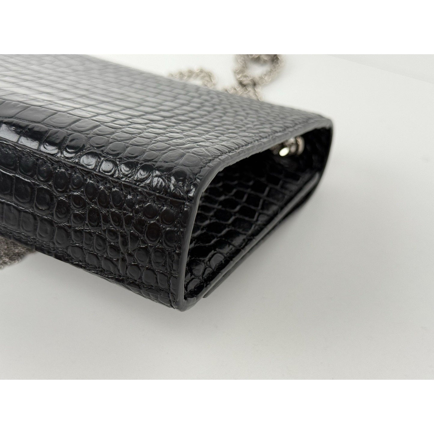 Saint Laurent Kate Tassel Croc-Embossed Leather Shoulder Bag in Black