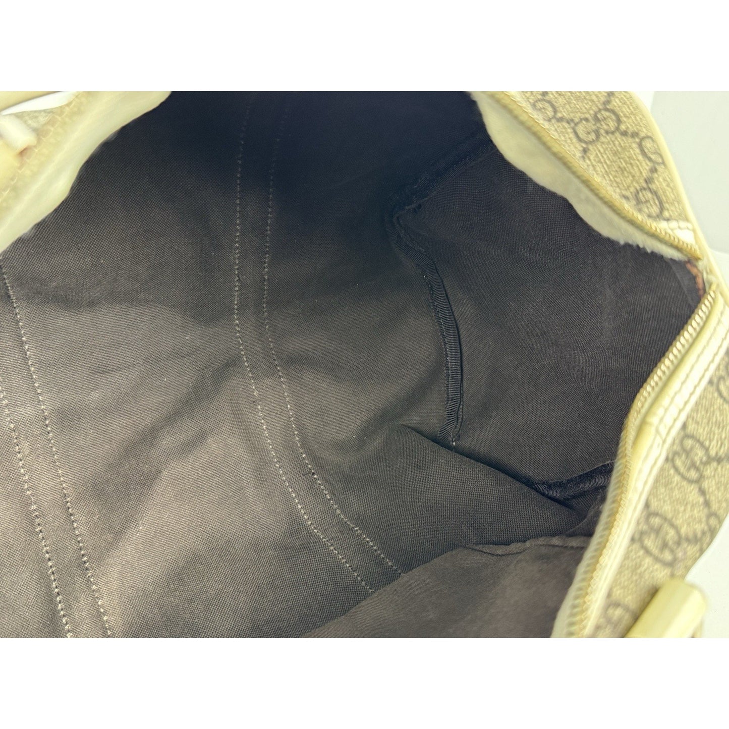 Gucci GG Supreme Medium Joy Boston Bag Brown Canvas White Leather Trim