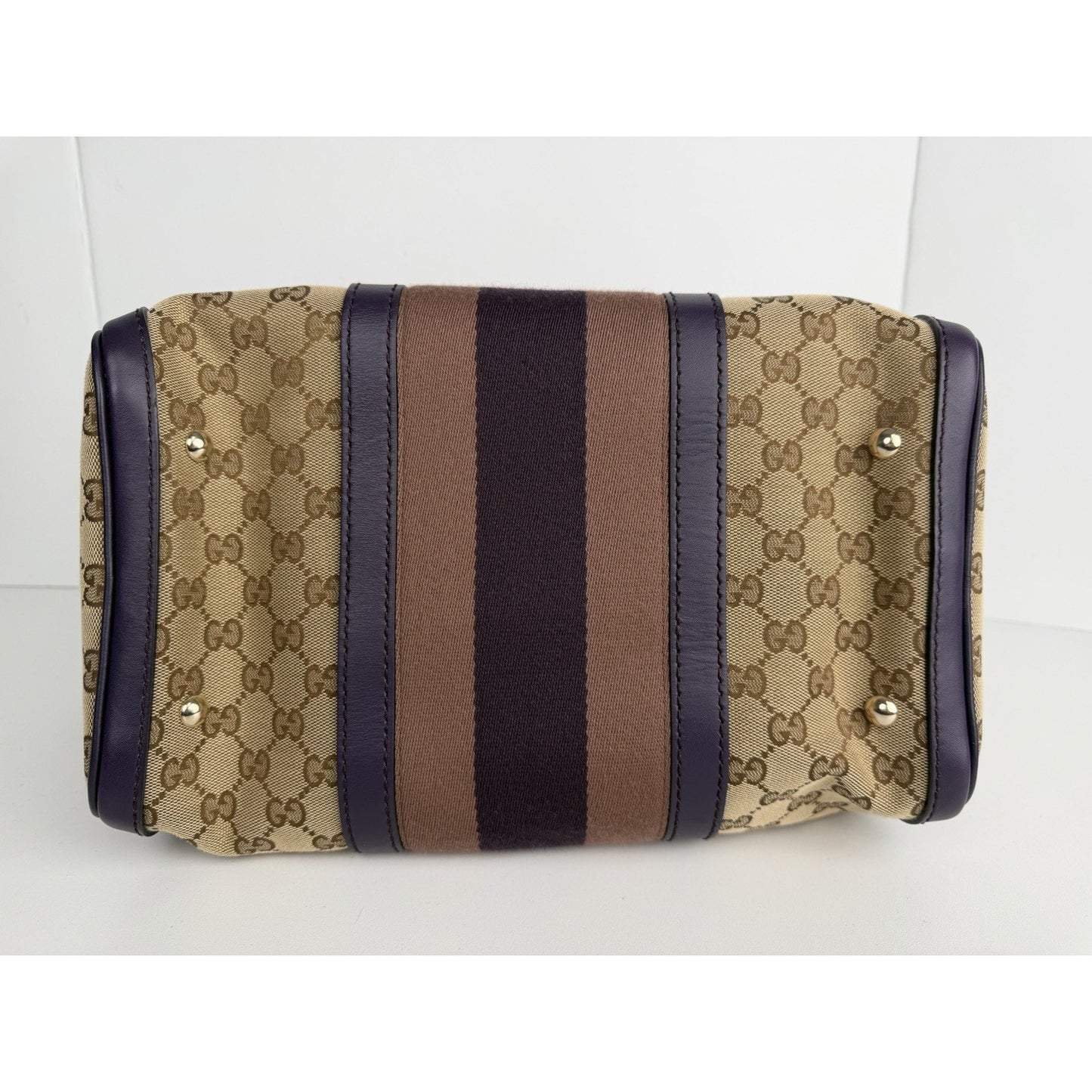 Gucci Web Boston Medium Bag in Brown GG Monogram Canvas & Purple Trim S