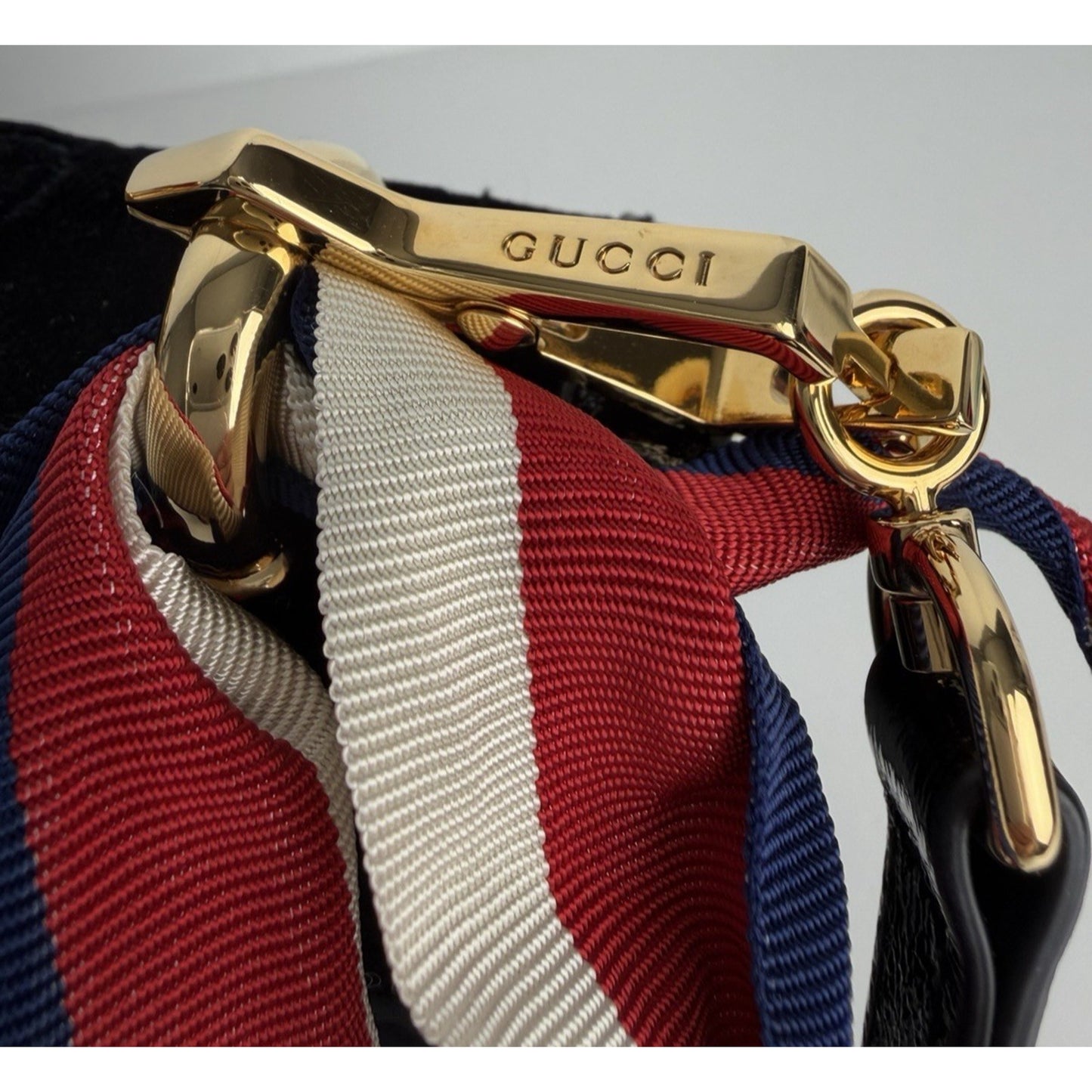 Gucci Sylvie Small Crossbody Bag in Black GG Velvet with Web S08