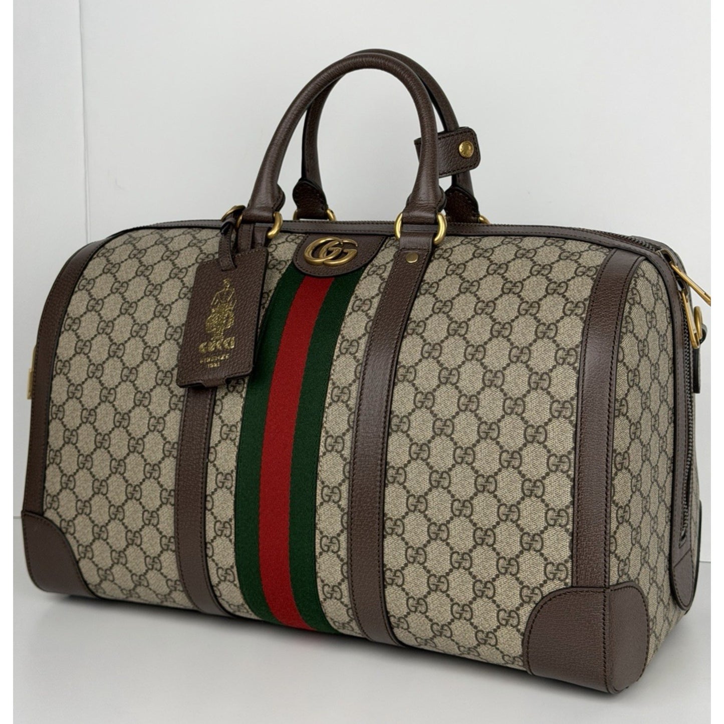Gucci Savoy Medium Duffle Bag GG Supreme Canvas Brown Leather Trim