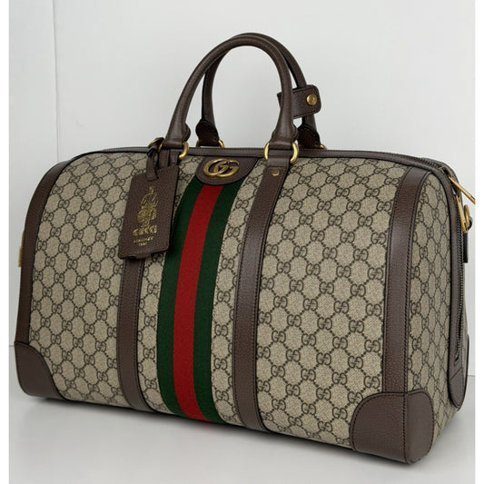 Gucci Savoy Medium Duffle Bag GG Supreme Canvas Brown Leather Trim