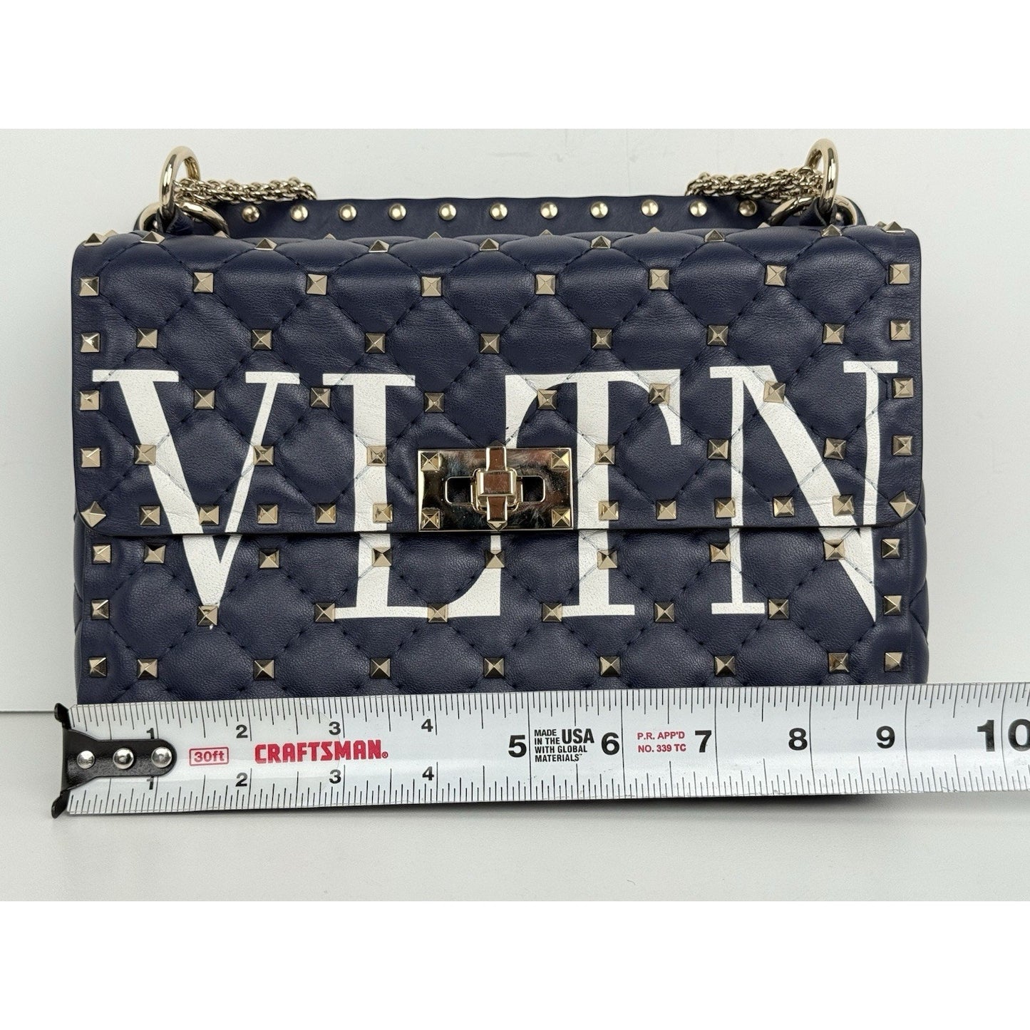 Valentino Garavani Nappa VLTN Print Medium Rockstud Spike Shoulder Bag Navy Blue