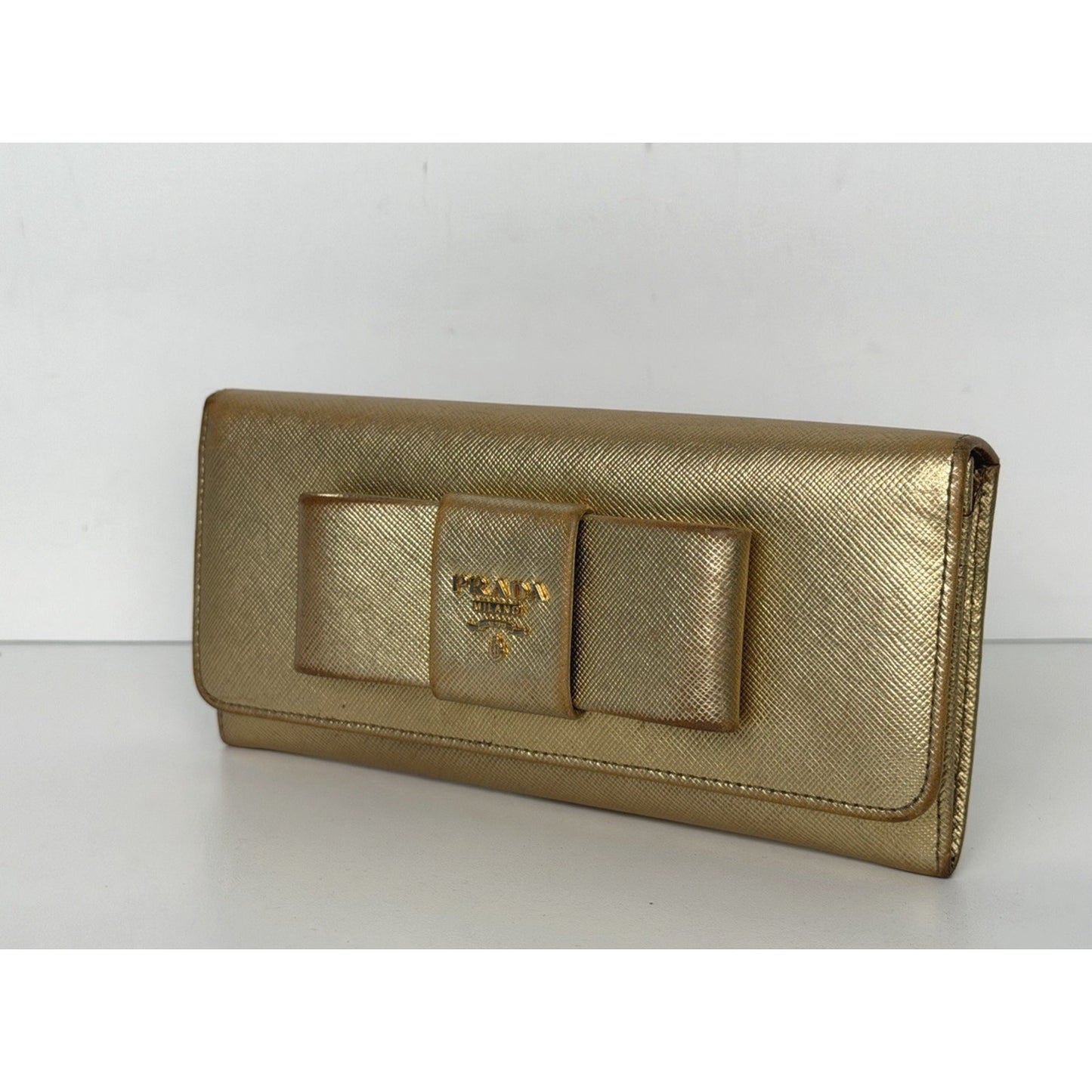 Prada Saffiano Bow Continental Wallet in Crosshatch-Textured Calf Leather