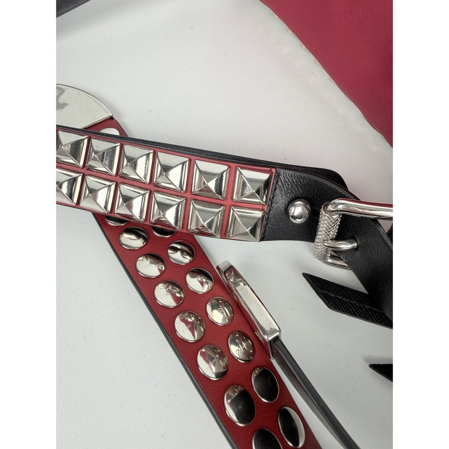 Prada New Vela Studded Messenger Medium in Cherry Red Nylon and Leather Trim S