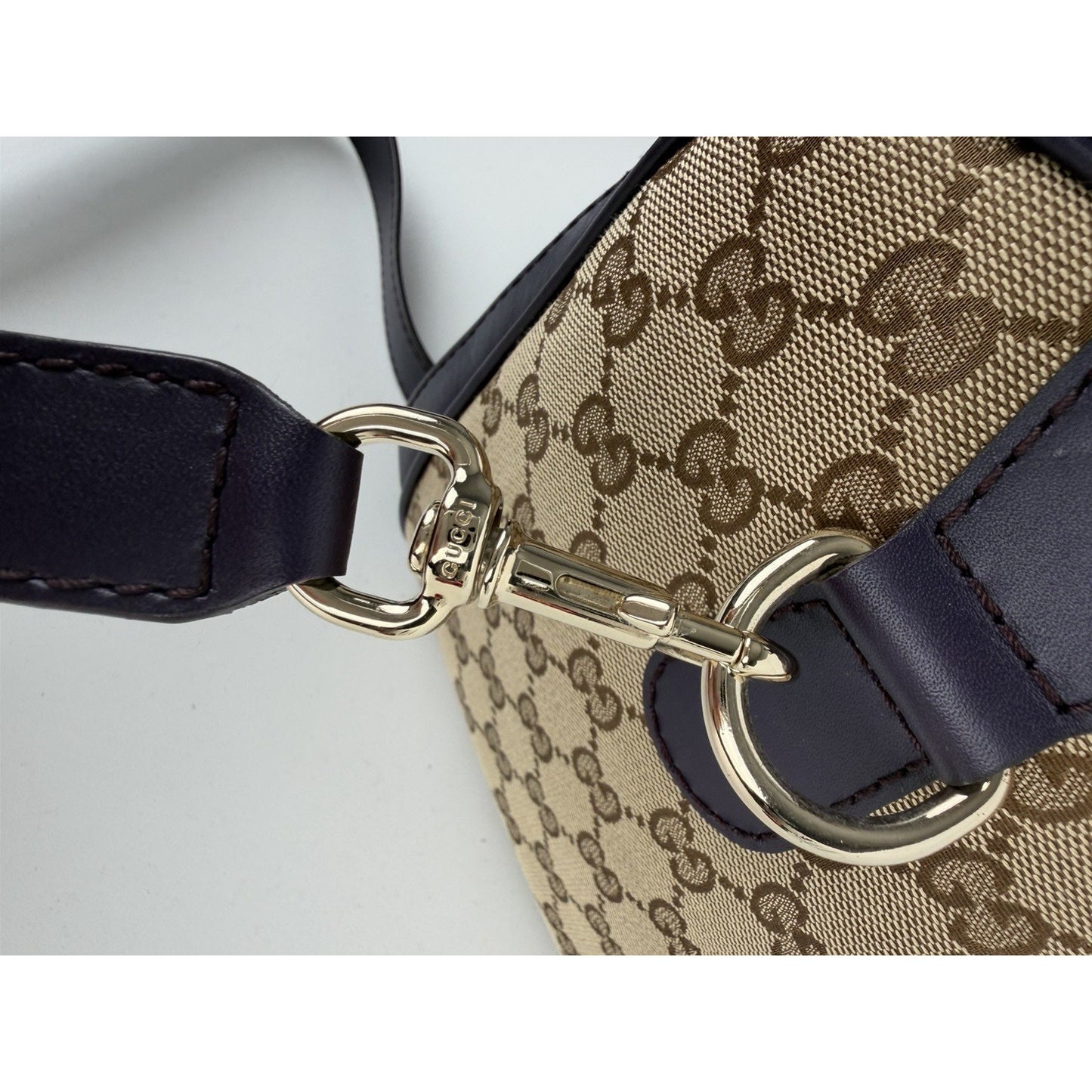 Gucci Web Boston Medium Bag in Brown GG Monogram Canvas & Purple Trim S