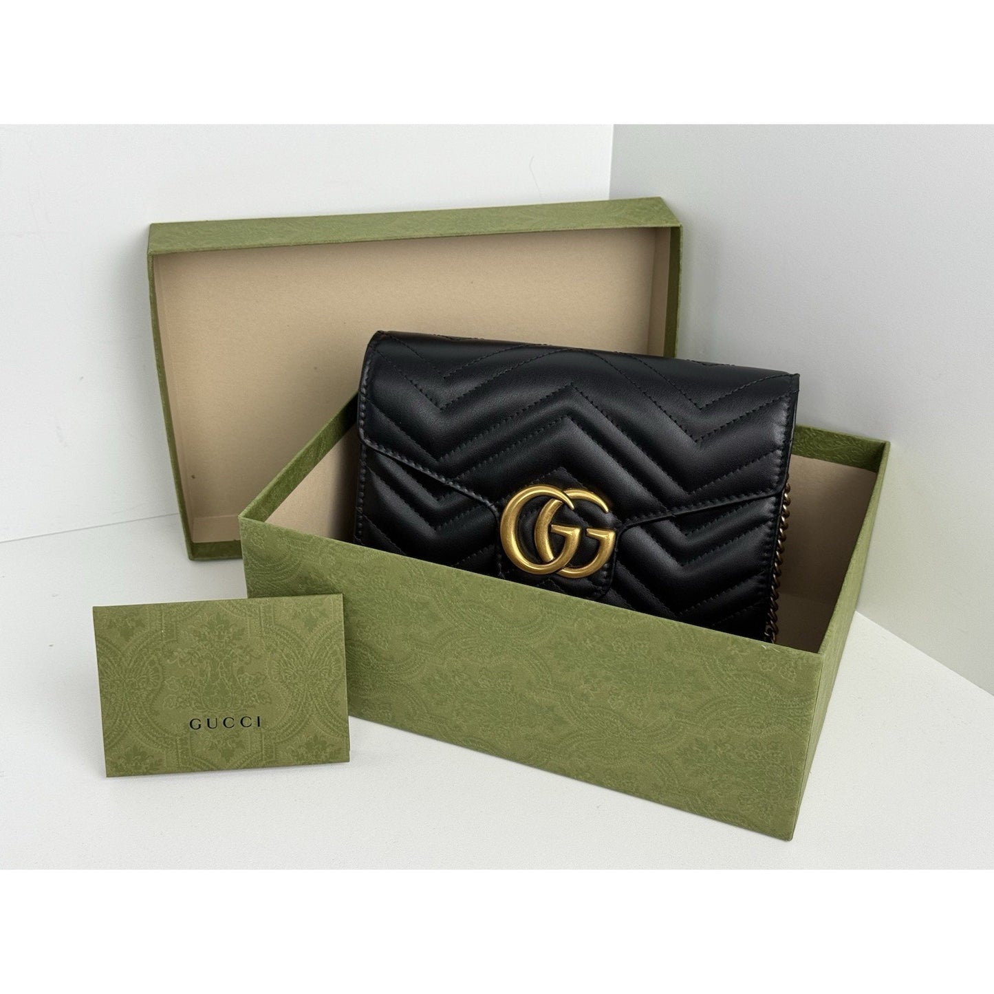 Gucci GG Marmont Black Matelassé Leather Shoulder Bag with Gold Chain