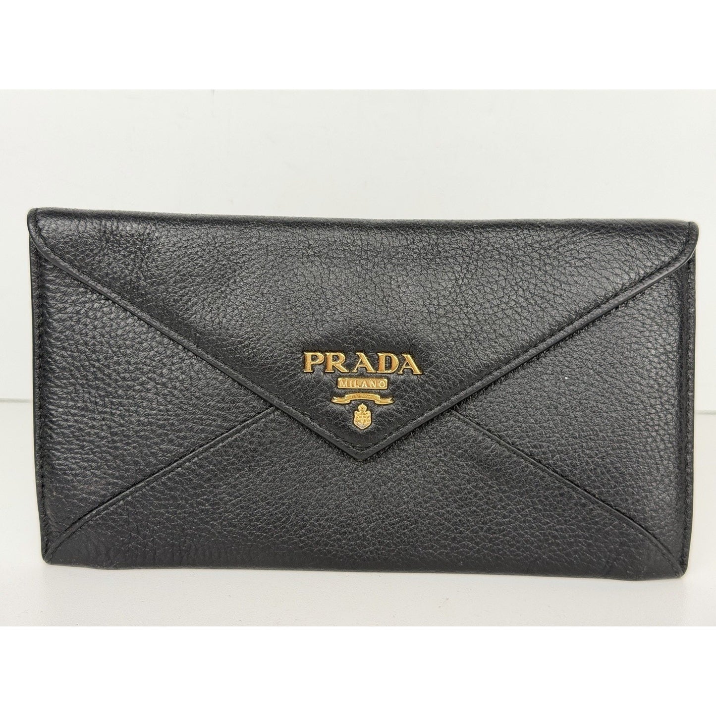 Prada Vitello Grain Envelope Wallet in Black Leather and Gold-Tone Hardware