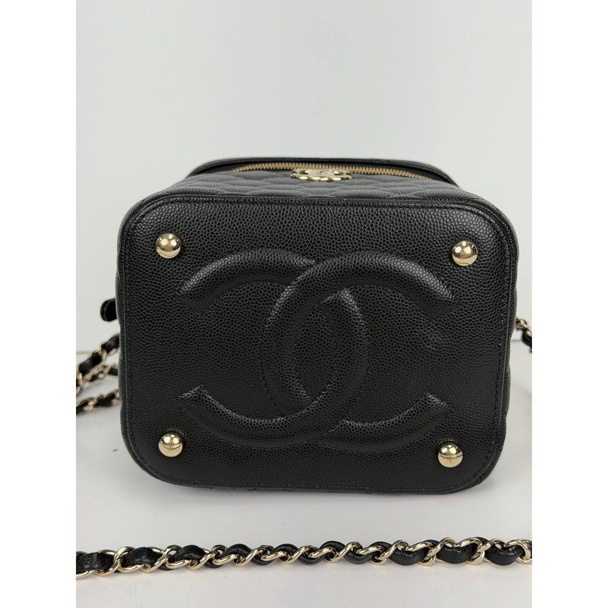 Chanel Vanity Case Top Handle Crossbody Bag Black Quilted Caviar Leather NFC F3