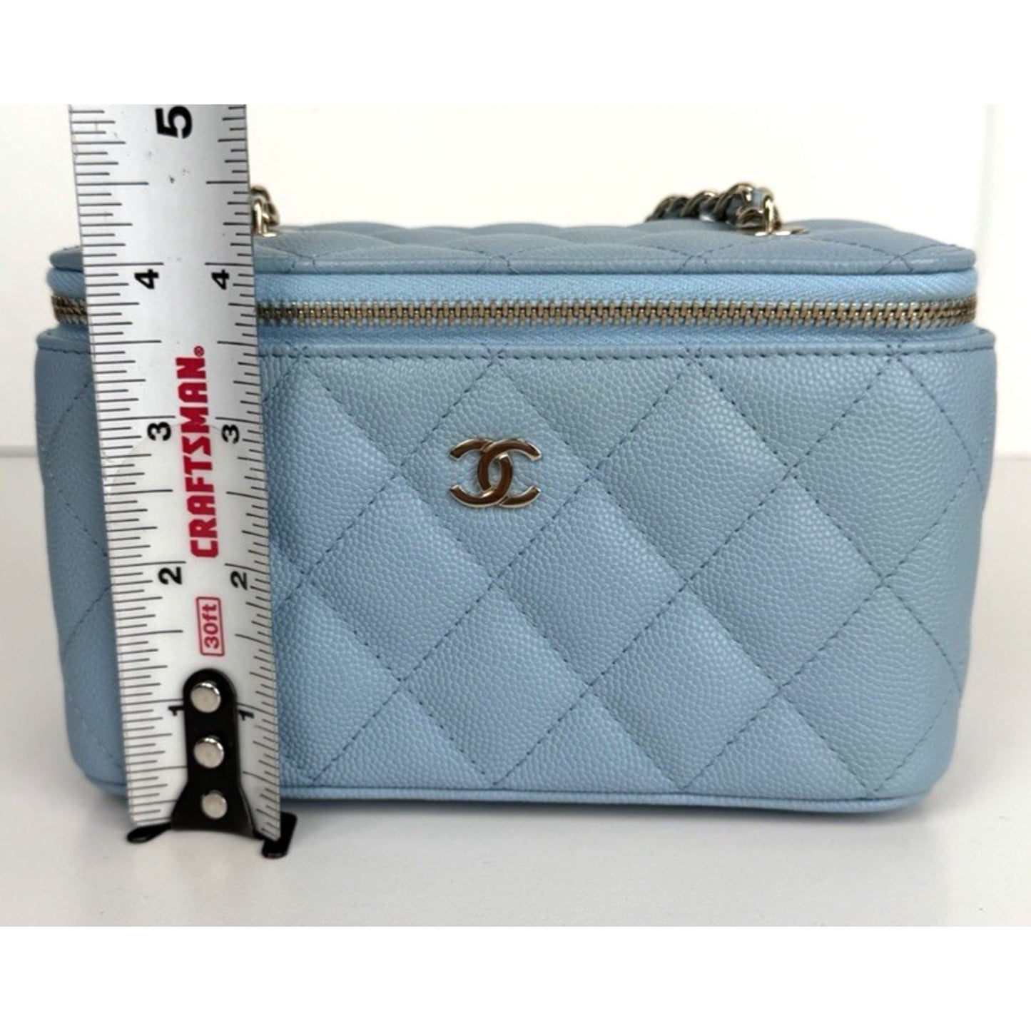 Chanel Caviar Quilted Vanity Small Case Bag With Chain in Light Blue