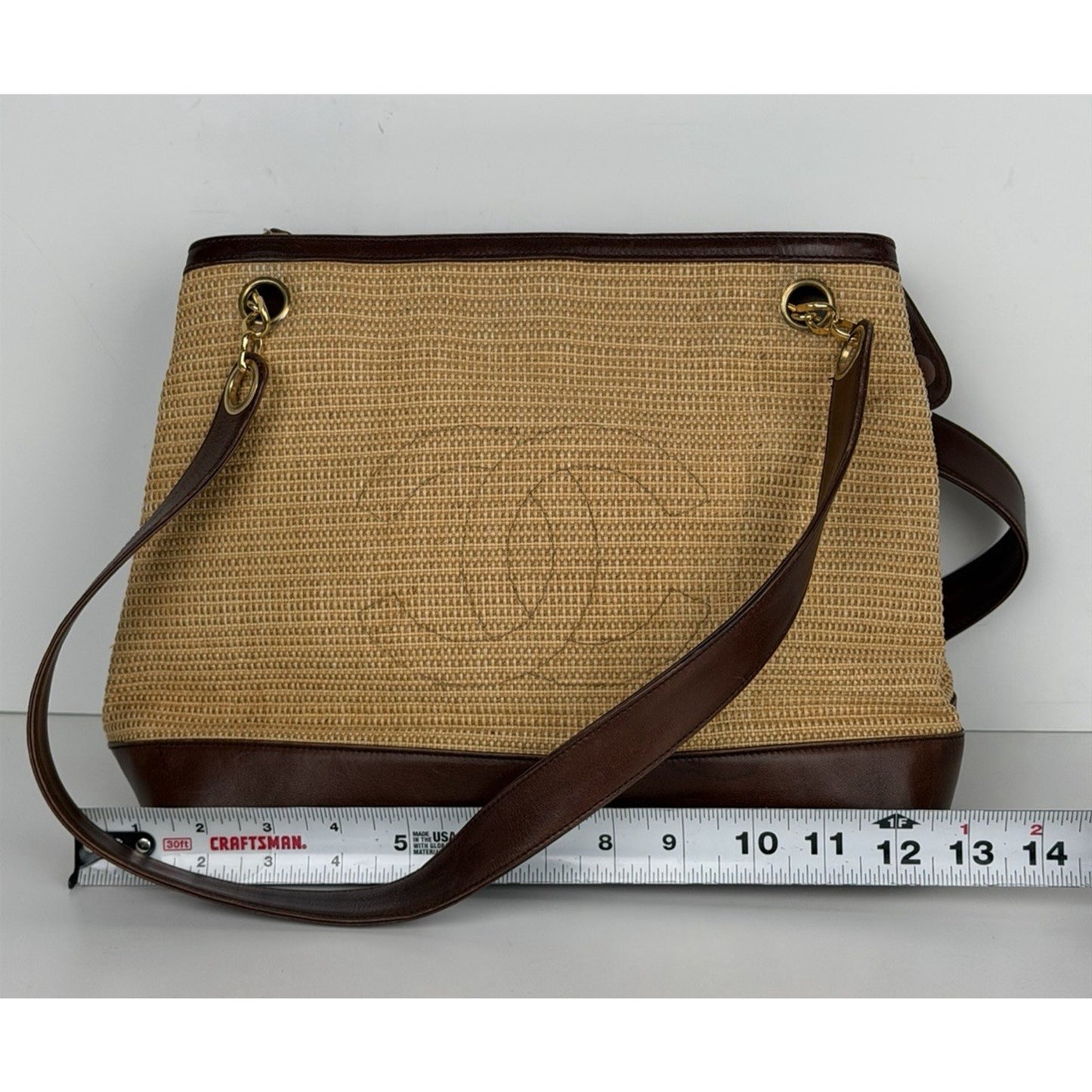 Chanel Raffia-Woven Tote Bag 1994 Vintage Beige Straw & Lambskin Leather Trim E5