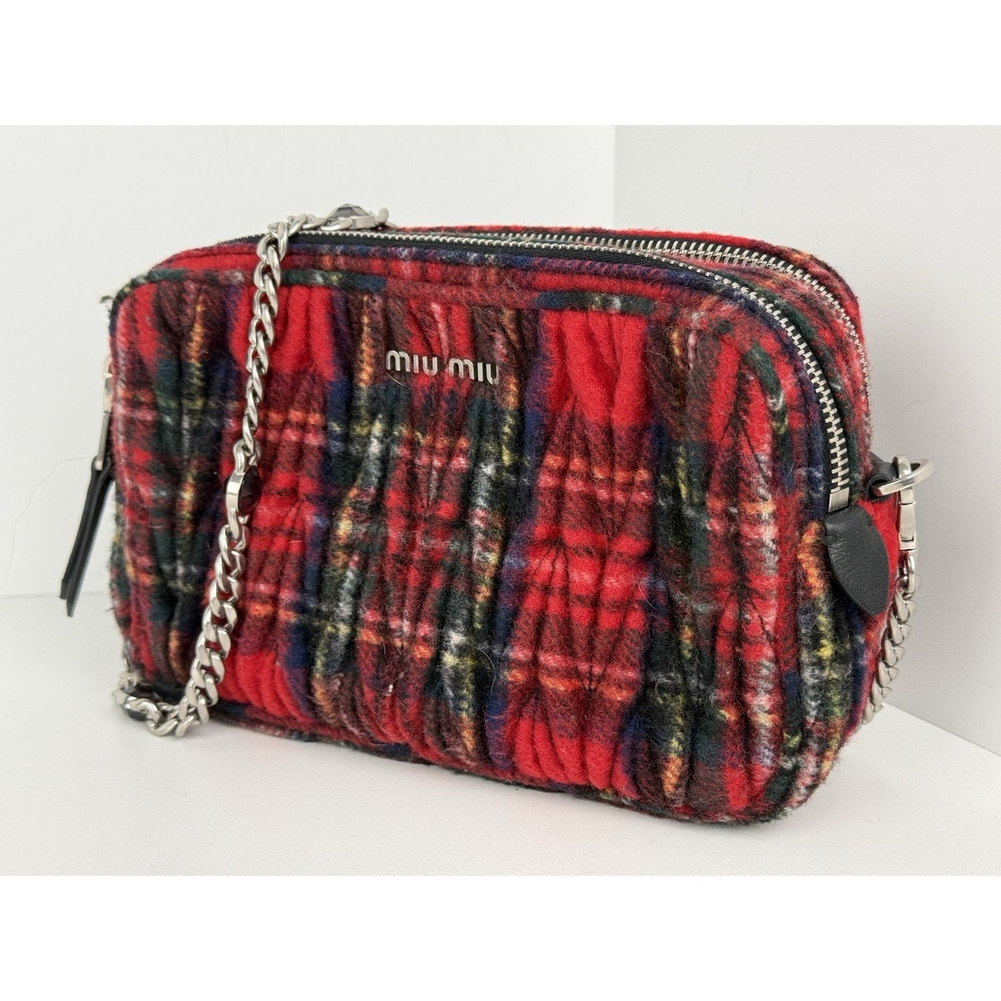 Miu Miu Tartan Matelassé Double Zip Chain Bag Red