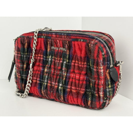 Miu Miu Tartan Matelassé Double Zip Chain Bag Red